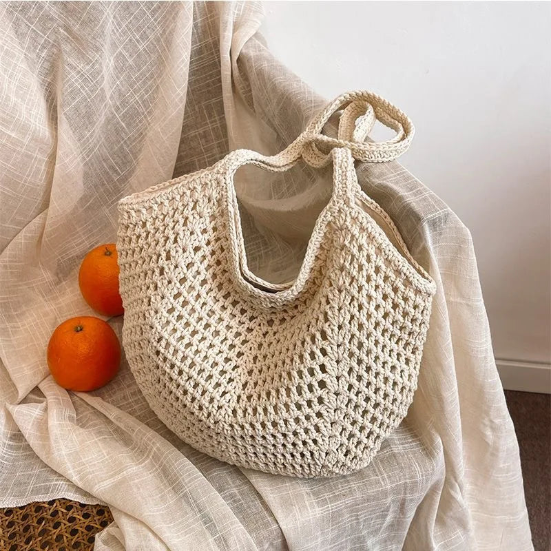 Woven Tote Bag Breathable Beach Shoulder Bag Travel Beach Tote Casual Hollow Out Bag For Day Trips Swimming Pool Beach