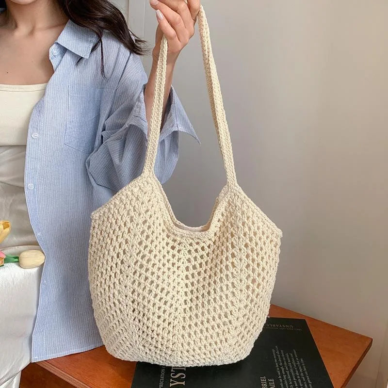 Woven Tote Bag Breathable Beach Shoulder Bag Travel Beach Tote Casual Hollow Out Bag For Day Trips Swimming Pool Beach