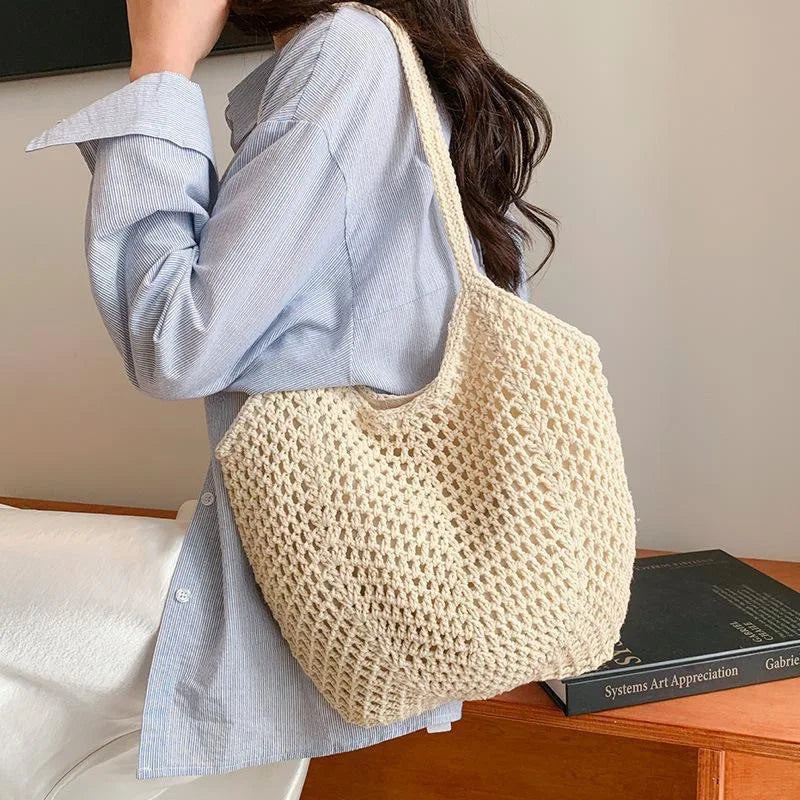 Woven Tote Bag Breathable Beach Shoulder Bag Travel Beach Tote Casual Hollow Out Bag For Day Trips Swimming Pool Beach