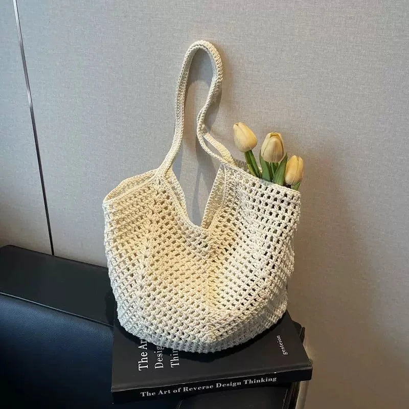 Woven Tote Bag Breathable Beach Shoulder Bag Travel Beach Tote Casual Hollow Out Bag For Day Trips Swimming Pool Beach