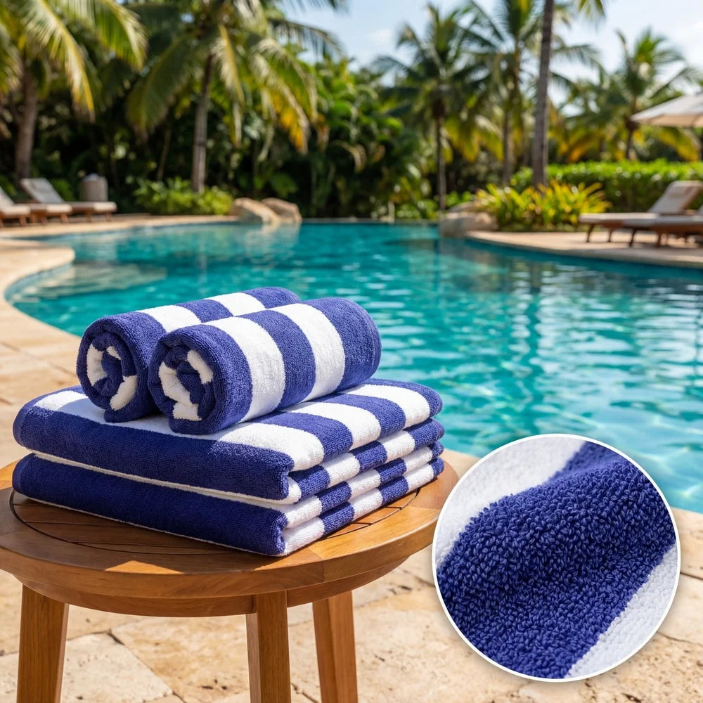 Erlebe höchsten Komfort mit unserem hochwertigen Premium Cabana Stripe Strandtuch. Gefertigt aus 100% Baumwolle überzeugt es durch seine besonders weiche Oberfläche, hohe Saugfähigkeit und langlebige Qualität – ideal für Strand, Pool oder Spa.