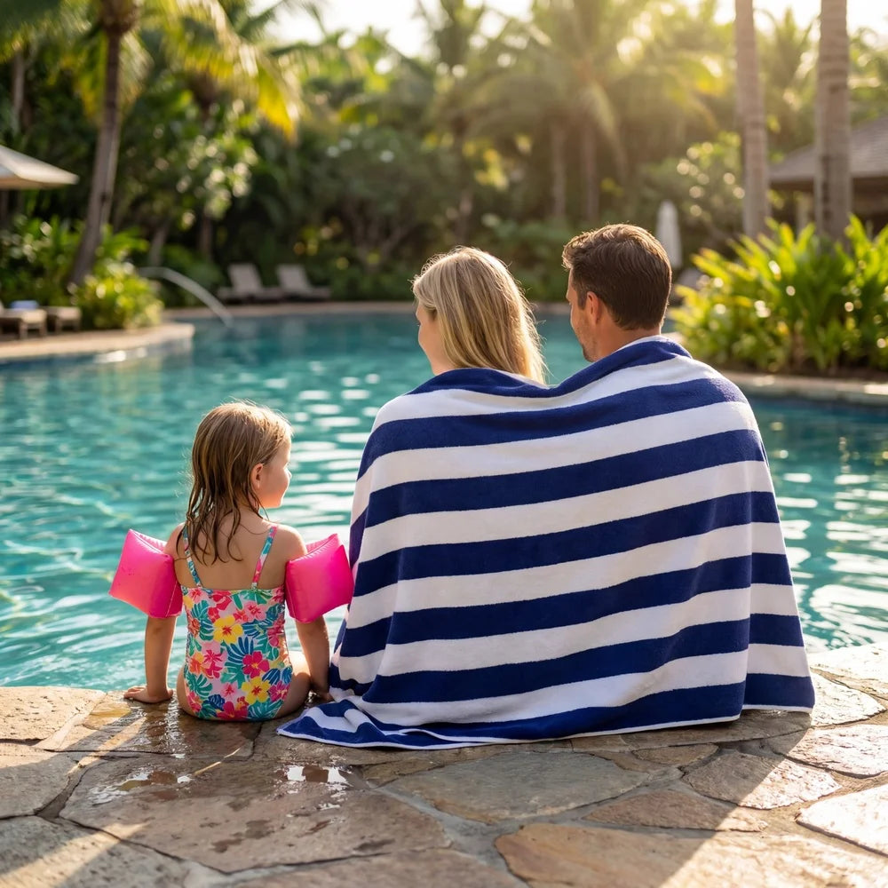 Erlebe höchsten Komfort mit unserem hochwertigen Premium Cabana Stripe Strandtuch. Gefertigt aus 100% Baumwolle überzeugt es durch seine besonders weiche Oberfläche, hohe Saugfähigkeit und langlebige Qualität – ideal für Strand, Pool oder Spa.