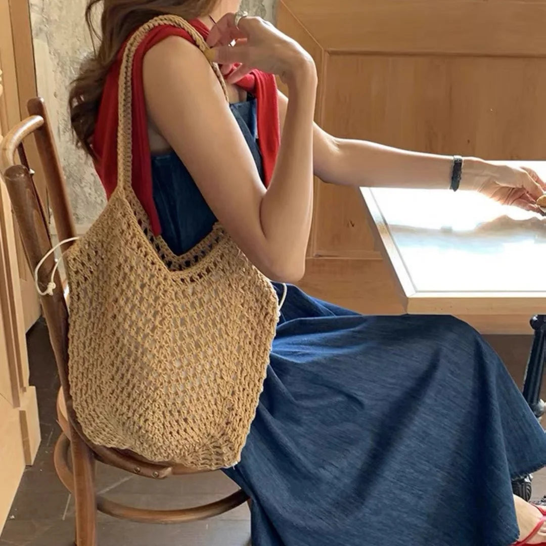 Woven Tote Bag Breathable Beach Shoulder Bag Travel Beach Tote Casual Hollow Out Bag For Day Trips Swimming Pool Beach
