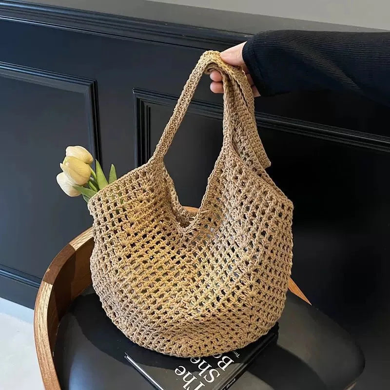 Woven Tote Bag Breathable Beach Shoulder Bag Travel Beach Tote Casual Hollow Out Bag For Day Trips Swimming Pool Beach
